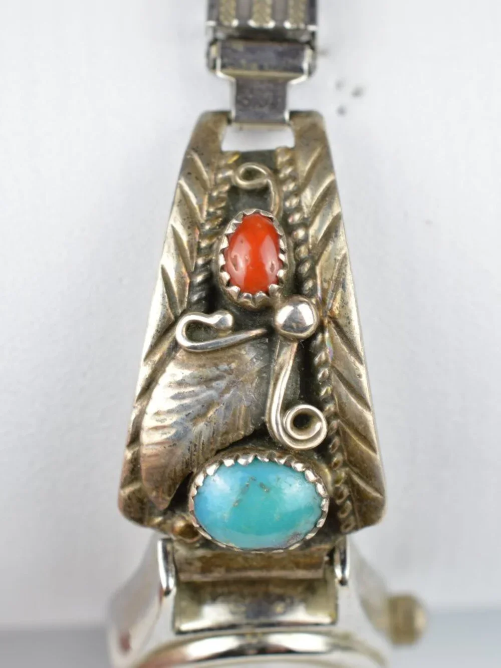 Navajo Sterling Silver Turquoise Coral Watch Tips Signed Ronnie Martinez Works